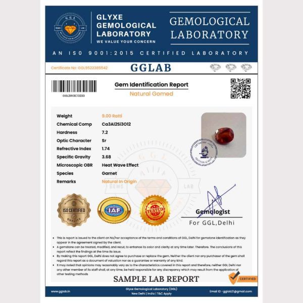 Gomed gemstone lab certificate - GGLAB