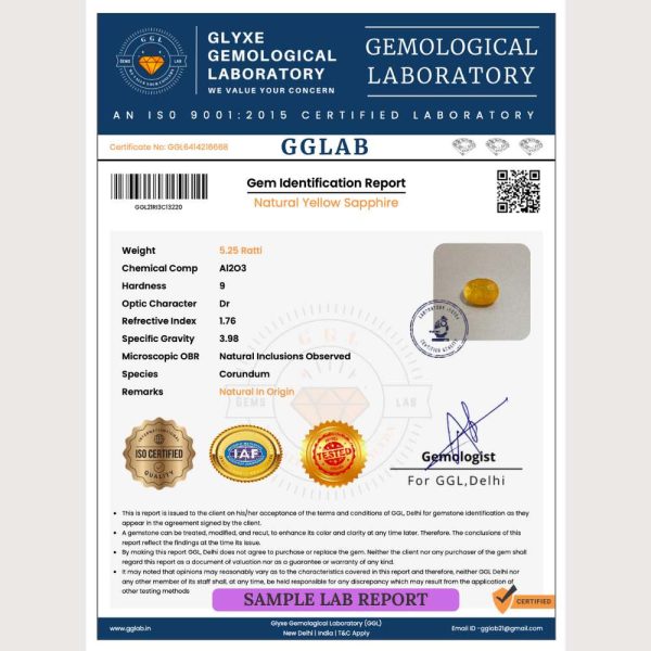 Yellow sapphire lab test report - GGLAB