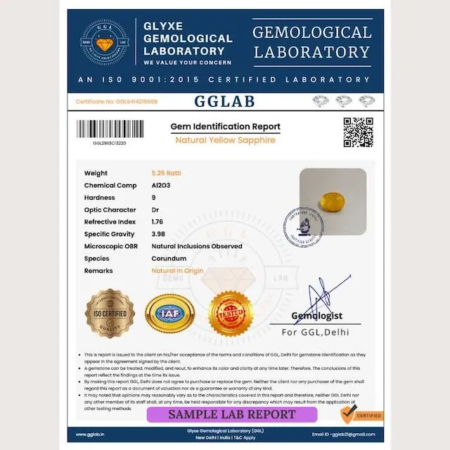 Image depict yellow sapphire gemstone lab certificate