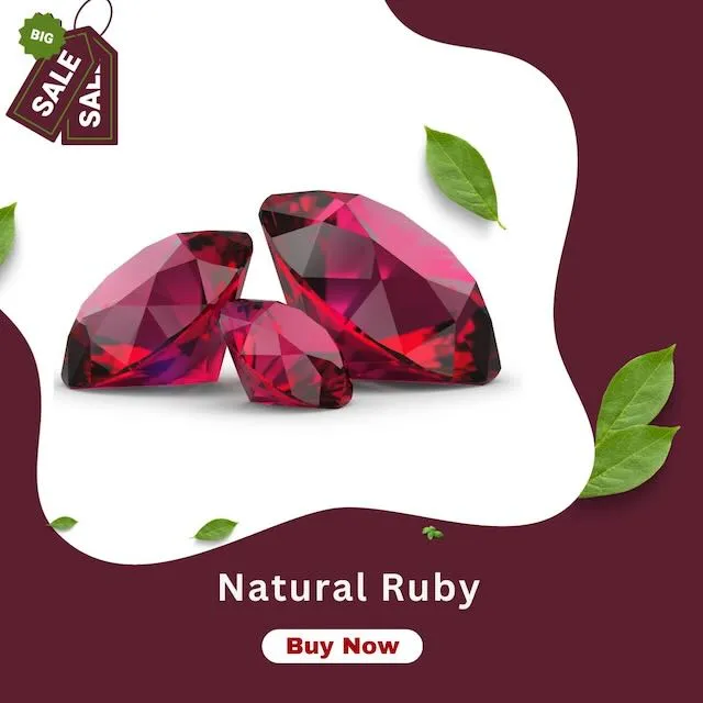 Promotional graphic featuring three radiant red rubies arranged on a whimsical white and maroon background with green leaves accents, a 'BIG SALE' tag, and a Buy Now' button promoting 'Natural Ruby
