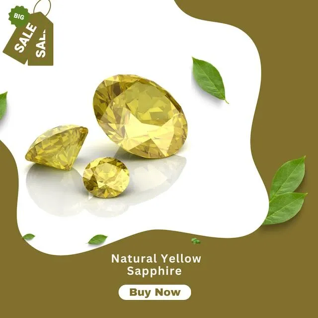 E-commerce promotional image showcasing three sparkling yellow sapphires of different sizes on a white and olive background with green leaf decorations, a 'BIG SALE' tag in the top left corner, and buttons with the text 'Natural Yellow Sapphire' and 'Buy Now' at the bottom