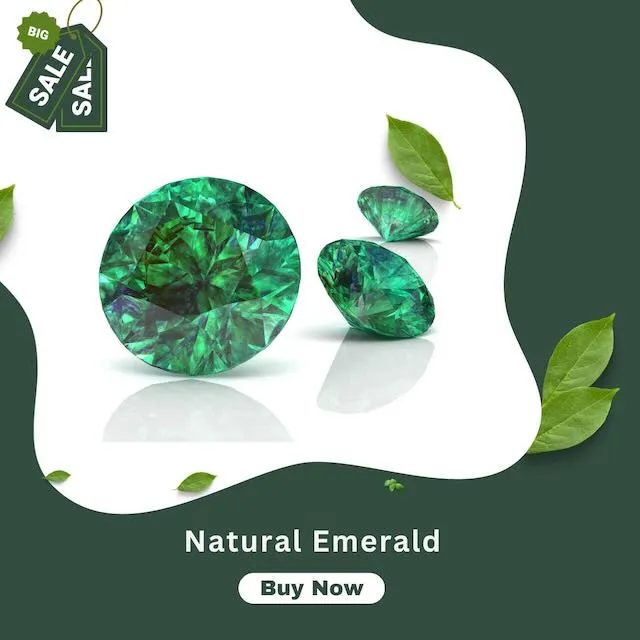 Online sale advertisement featuring three lustrous green emeralds on a flowing white and dark green background, with fresh green leaves accents, a 'BIG SALE' tag, and a call-to-action 'Buy Now' button for 'Natural Emerald