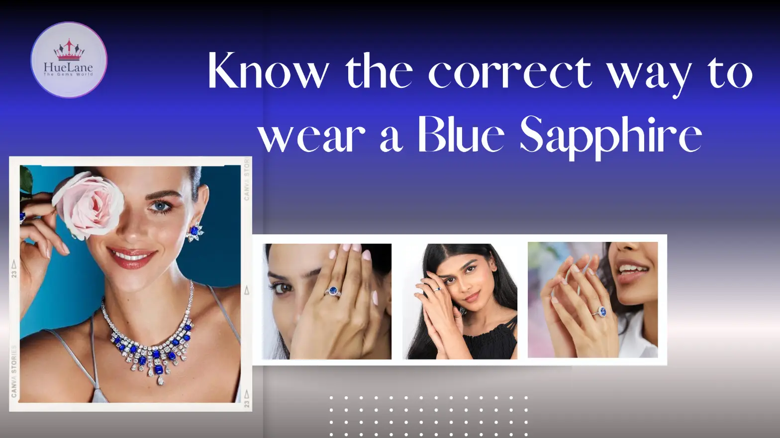 "Four beautiful young women wearing a sapphire blue with different styles."